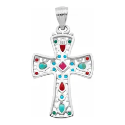 Dije Cruz Plata 925 Rodizada con Zirconia Fucsia - Imagen 2