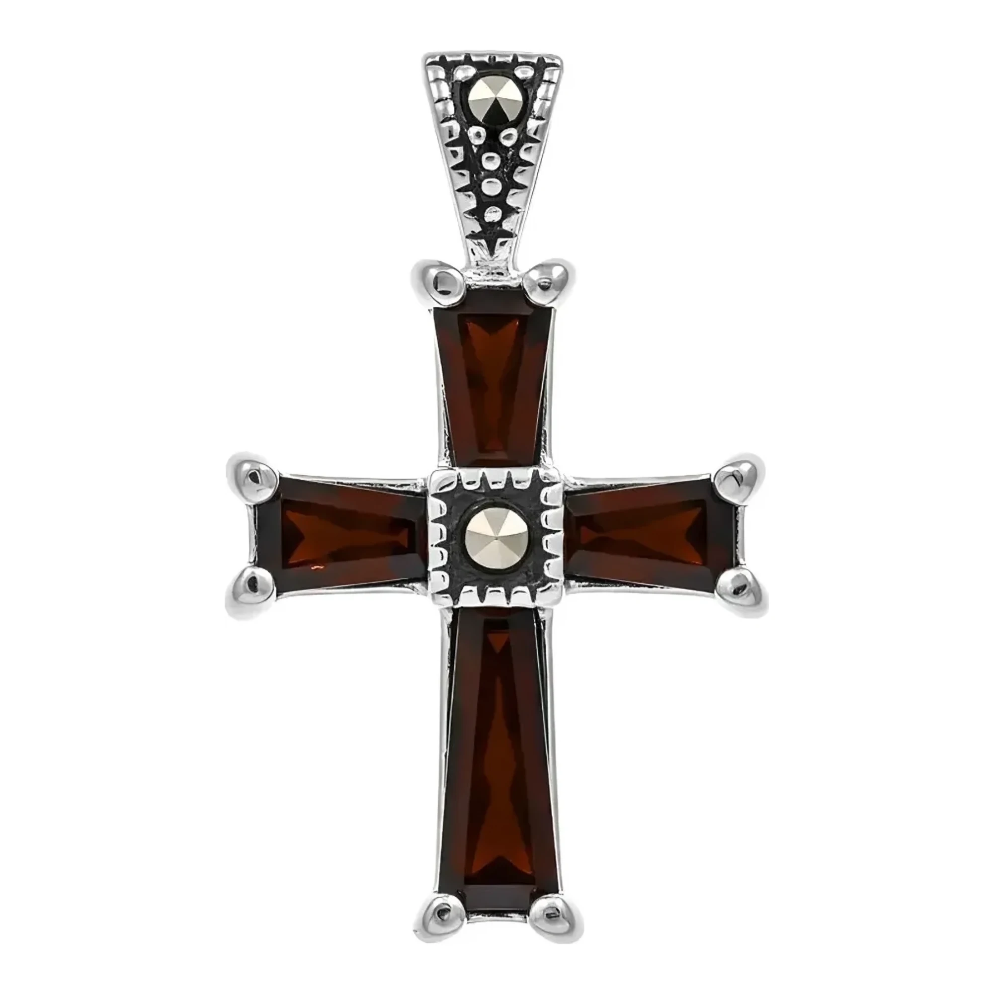 Dije de cruz plata 925 rodizada con zirconias café corte brillante, colgante de cruz en plata ley acabado liso broche perico