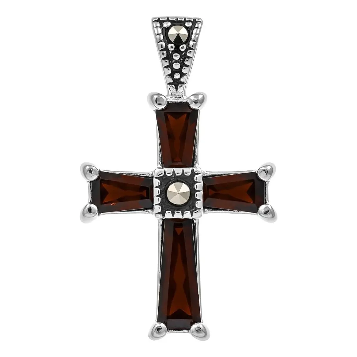 Dije Cruz Plata .925 Rodizada Zirconias Café, colgante artesanal mexicano. Joyería fina de plata hipoalergénica con diseño mo