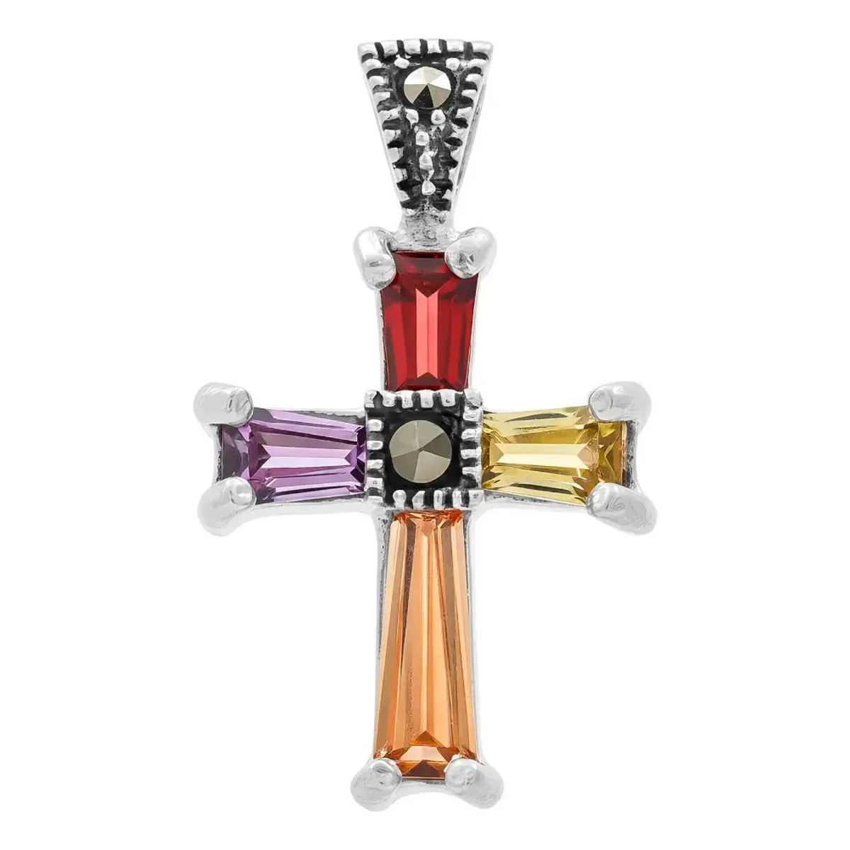 Dije cruz plata 925 rodizada, zirconias multicolor. Colgante de plata 925 con brillo, joyería sostenible, diseño minimalista.