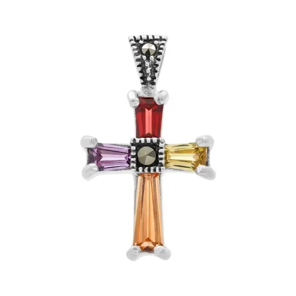 Dije Cruz Plata 925 Rodizada Zirconias Multicolor - Imagen 1