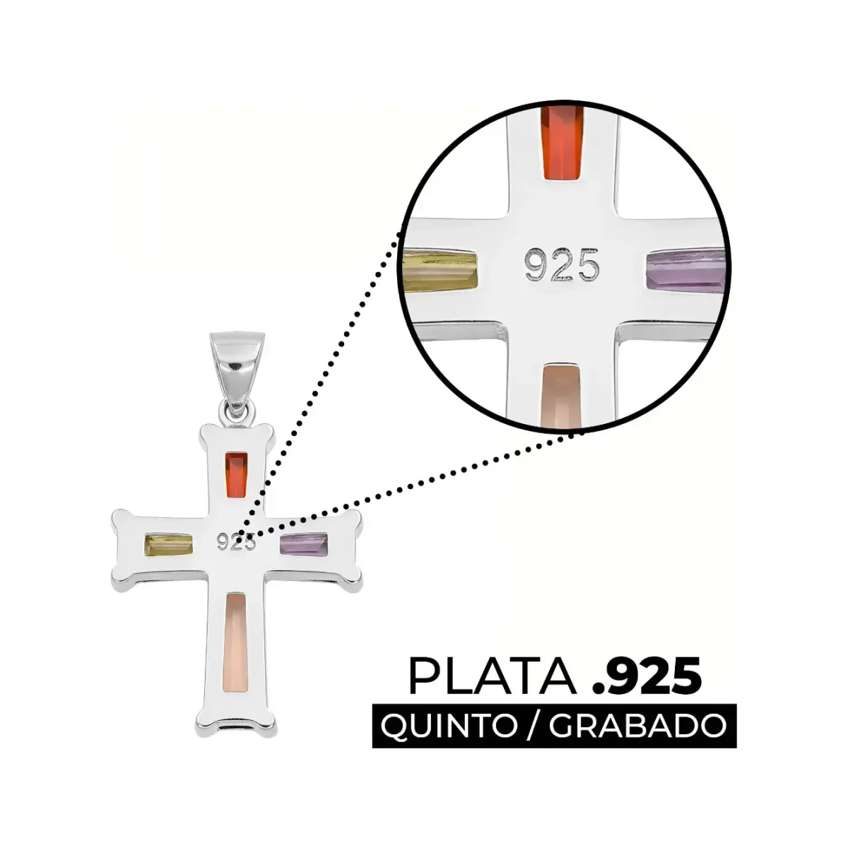 Dije Cruz Plata 925 Rodizada Zirconias Multicolor - Imagen 3