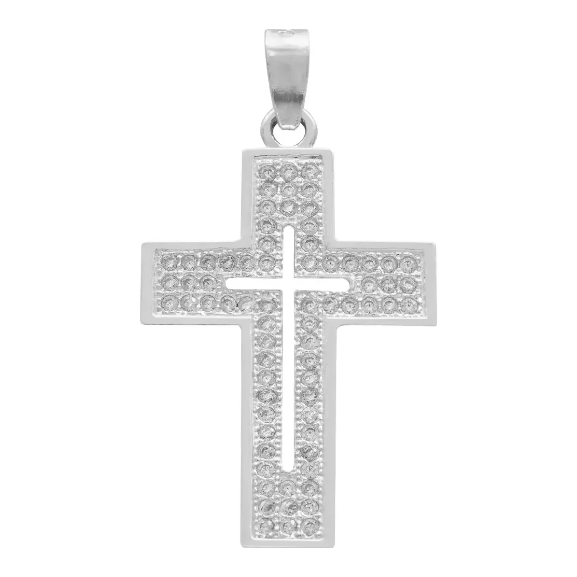 Dije cruz de plata para hombre ley 925 con circonia brillante blanca, acabado liso pulido y broche perico resistente de plata