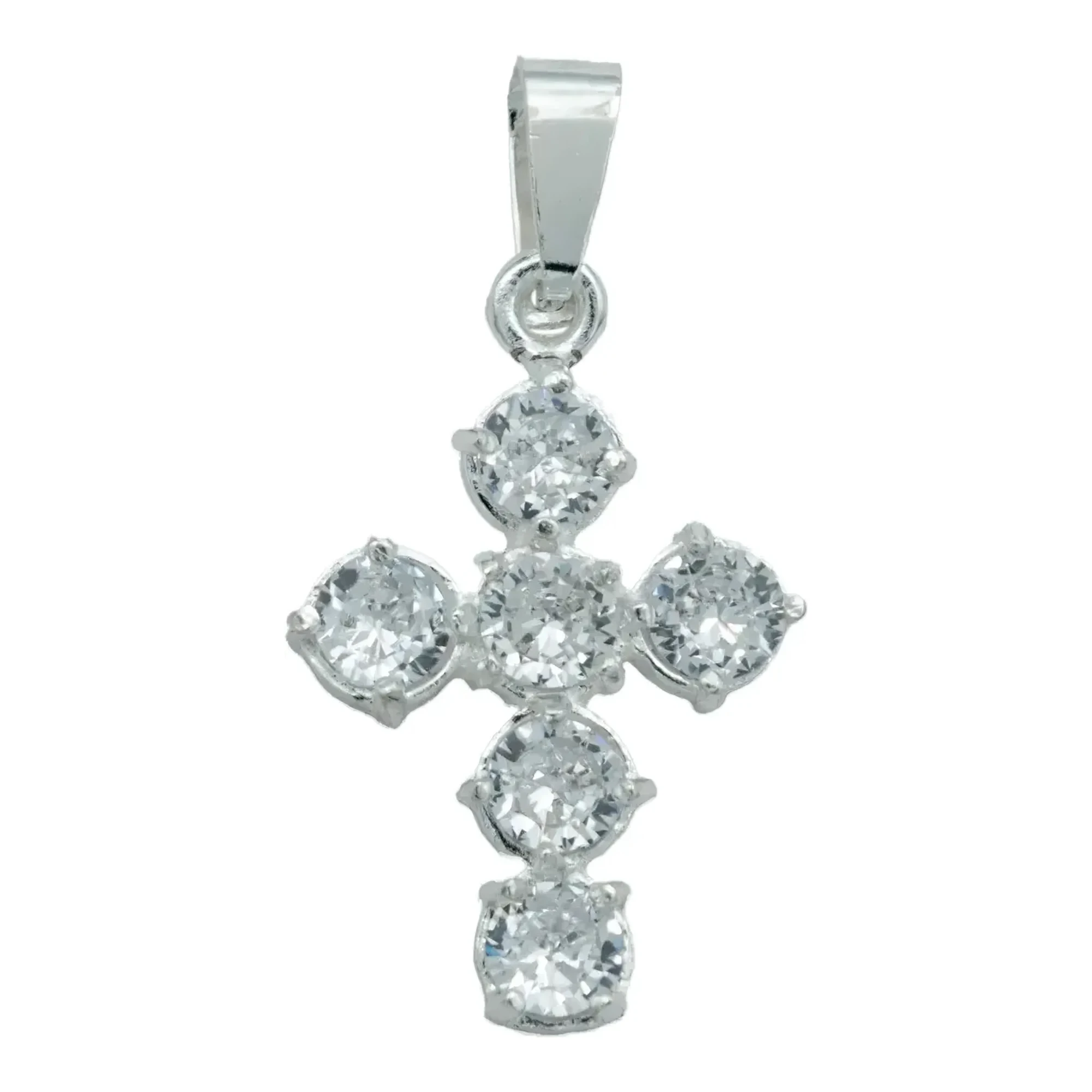 Dije cruz de plata ley .925 con incrustaciones de zirconias blancas brillantes y broche tipo perico para cadena