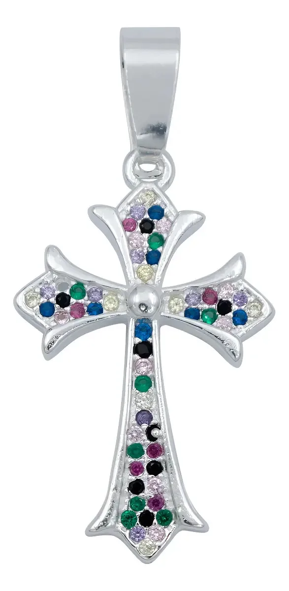 Dije Cruz Plata .925 Zirconias Multicolor para Hombre, colgante con significado, joyería artesanal mexicana, diseño moderno.