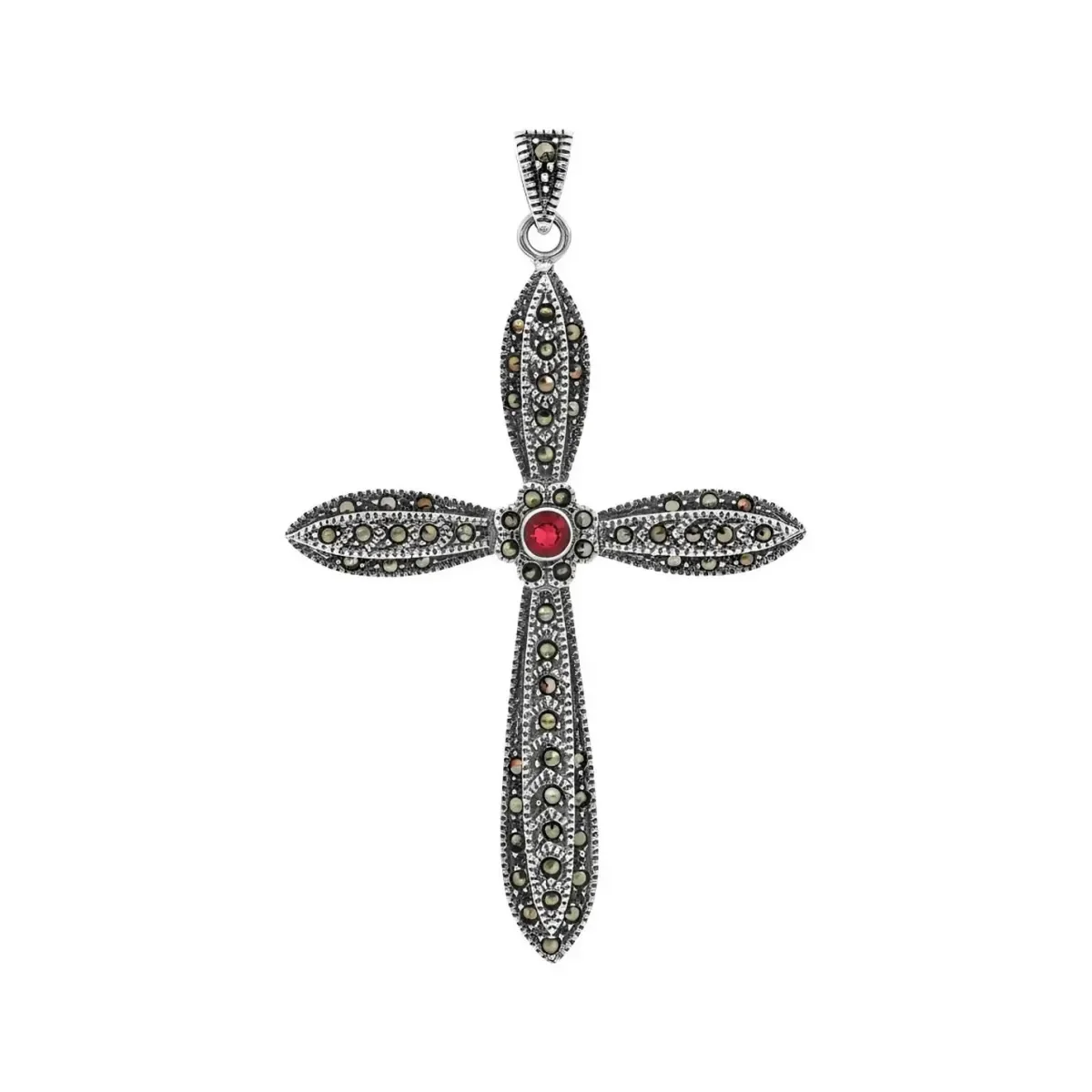 Dije Cruz Plata Esterlina 925 Rodizada con Zirconia Roja, joyería artesanal plata mexicana. Colgante cruz plata unisex con zi