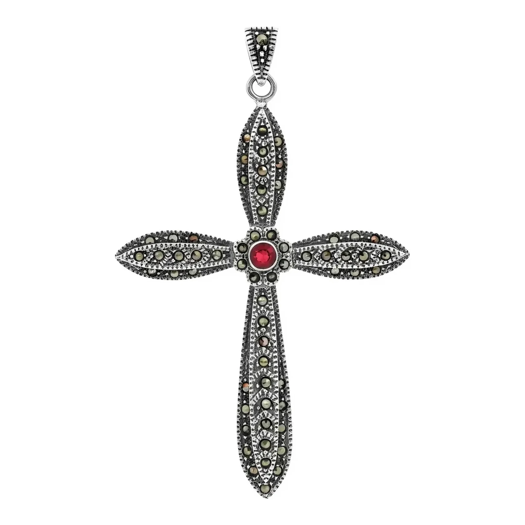 Dije cruz plata 925 rodizada con zirconia roja brillante engastada y acabado liso, cruz de plata para cadena de hombre mujer