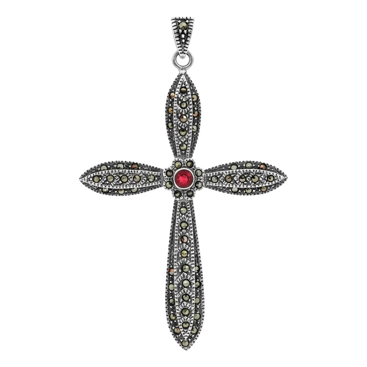 Dije Cruz Plata 925 Rodizada con Zirconia Roja, joyería de plata artesanal mexicana. Colgante cruz plata unisex con significa