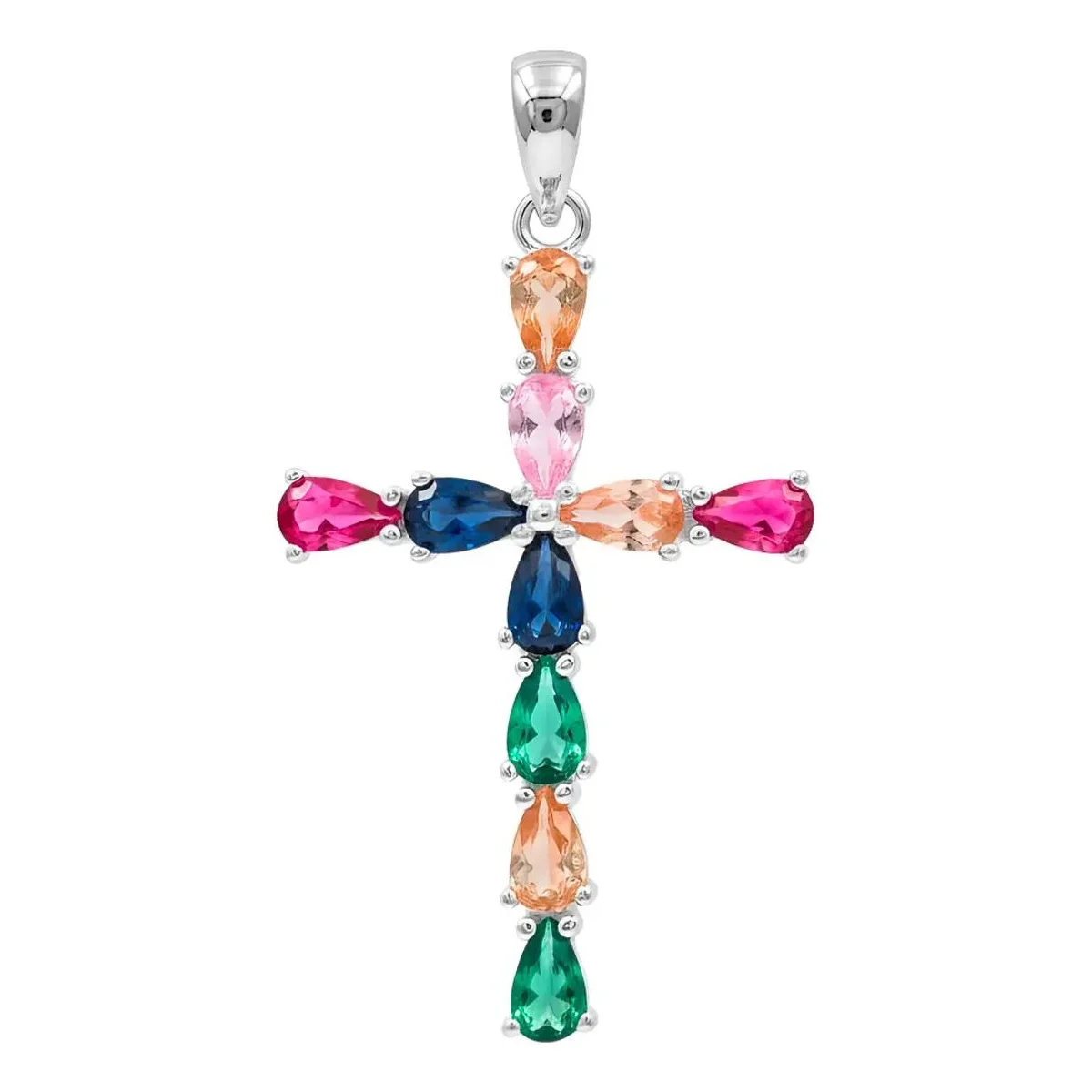 Dije Cruz Plata 925 con zirconias gota multicolor, colgante de plata fina con diseño moderno y colores vibrantes, joyería art