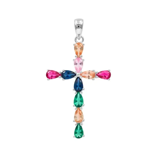 Dije Cruz Plata Esterlina 925 Zirconias Gota Multicolor - Imagen 1