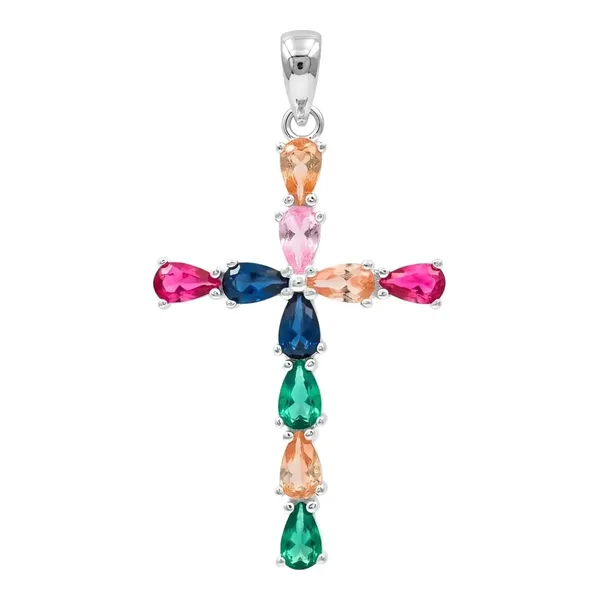 Dije Cruz Plata Esterlina 925 Zirconias Gota Multicolor - Imagen 1
