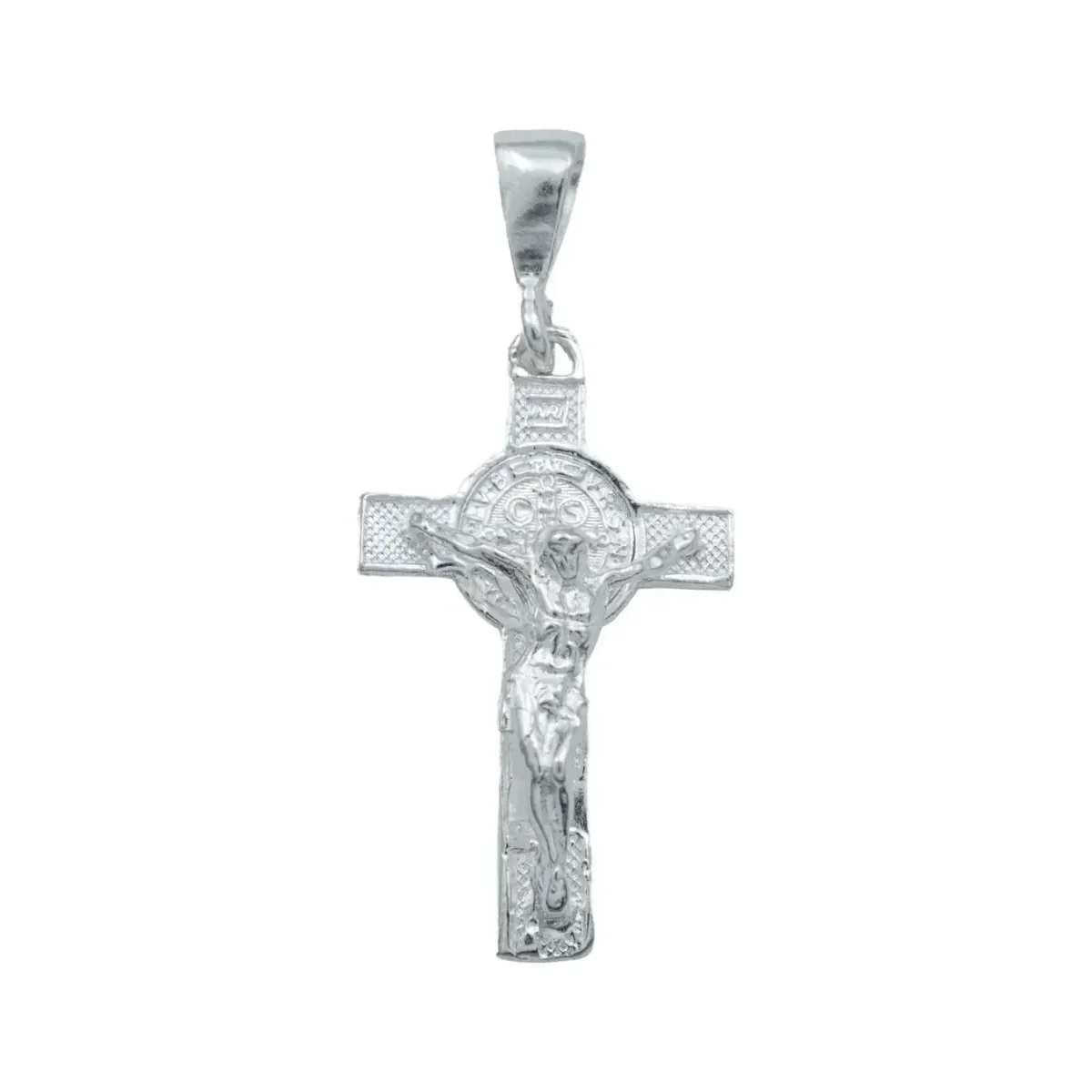 Dije Cruz Medalla San Benito Plata .925 artesanal de Taxco, joya religiosa moderna unisex con acabado pulido, dije de protecc