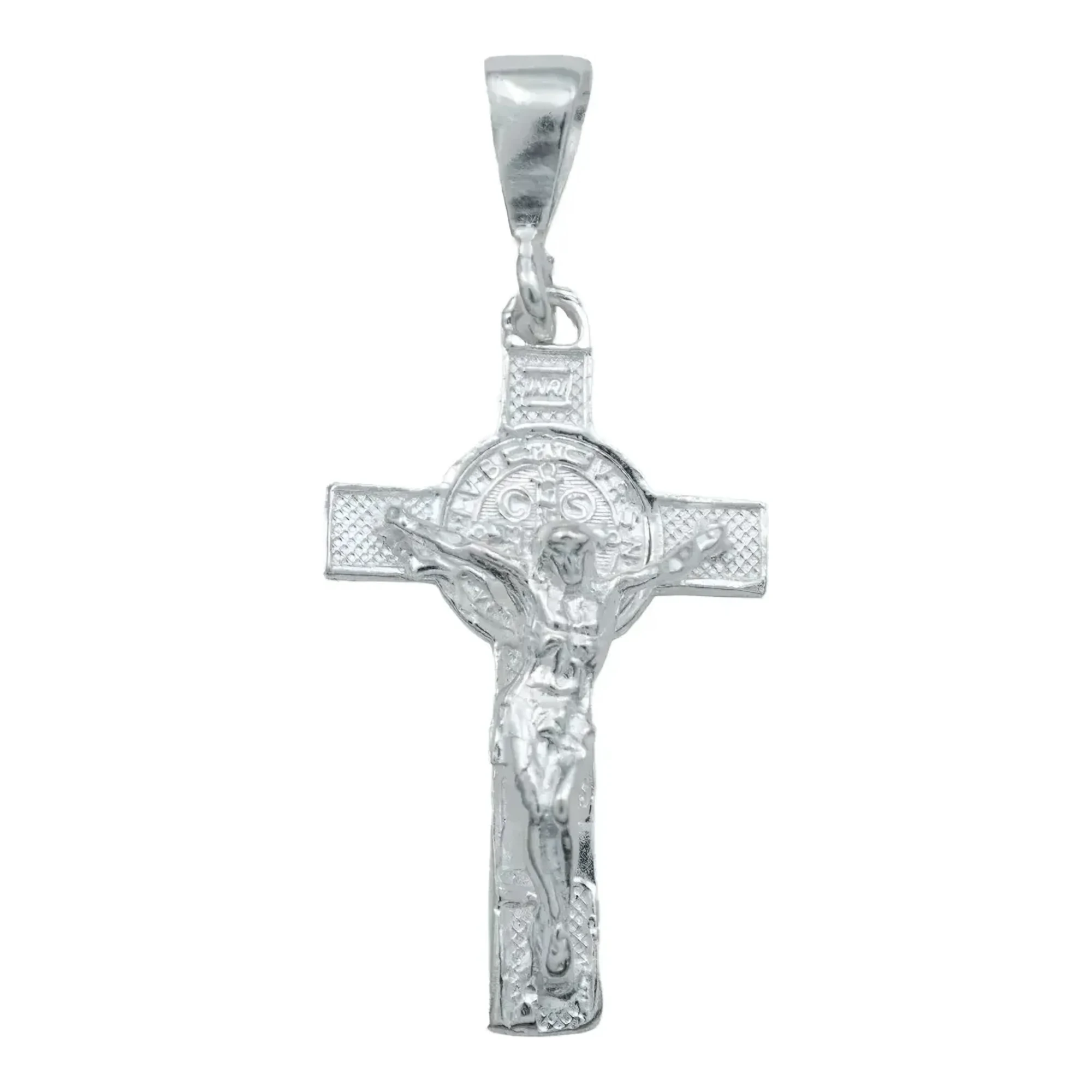 Dije cruz San Benito plata ley 925 artesanal, medalla crucifijo religiosa doble vista con acabado liso brillante unisex