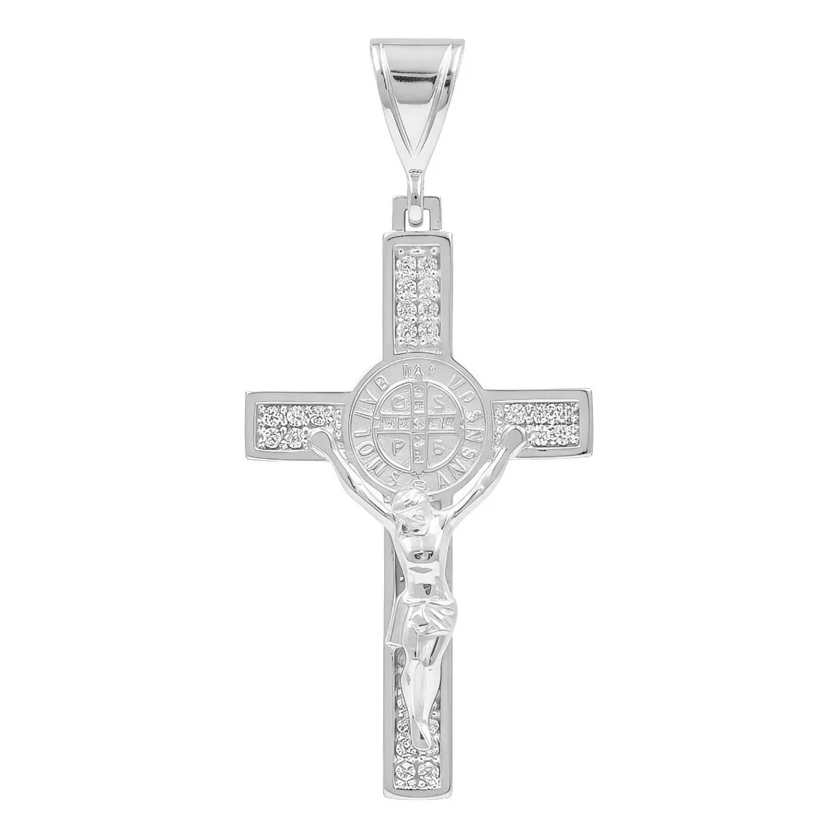 Dije Cruz San Benito Cristo Plata 925 con Zirconias, joyería religiosa artesanal mexicana. Regalo mamá protección, ideal para