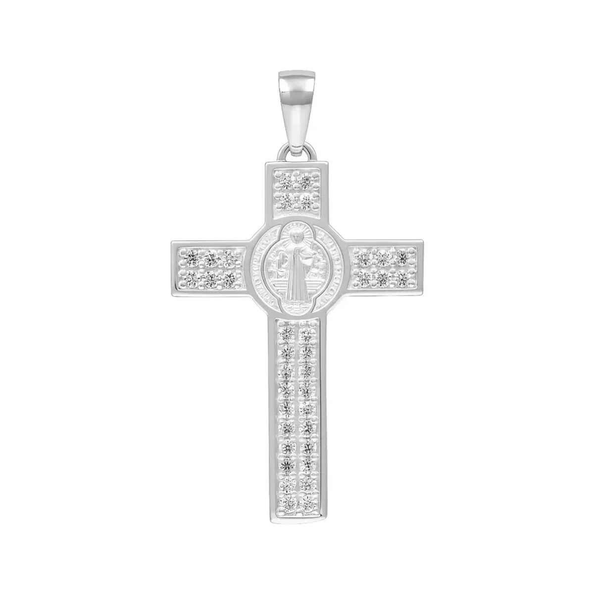 Dije de plata unisex Cruz San Benito de Plata .925 con zirconia transparente. Collar de moda con diseño espiritual, joyería m
