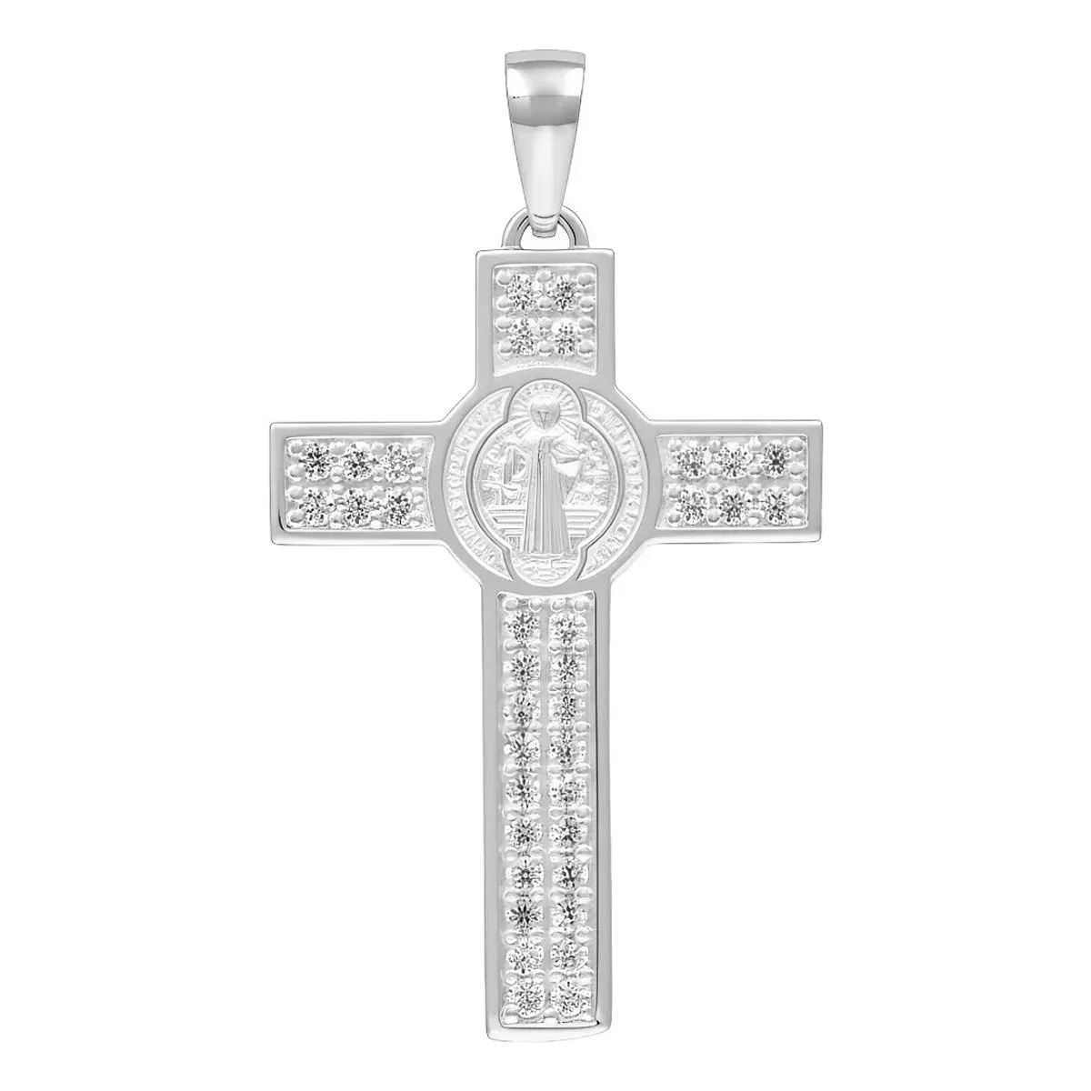 Dije Cruz San Benito de plata 925 con zirconia transparente. Collar de plata para mujer, joyería espiritual y de protección.