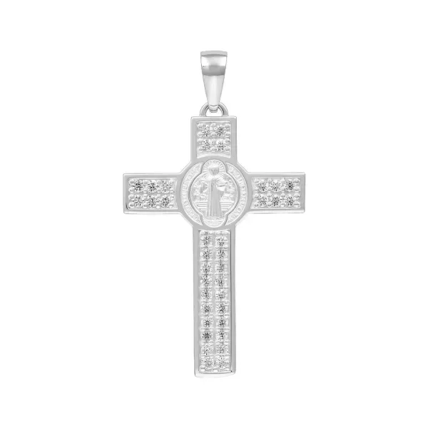 Dije Cruz San Benito Plata 925 con Zirconia Transparente - Imagen 1