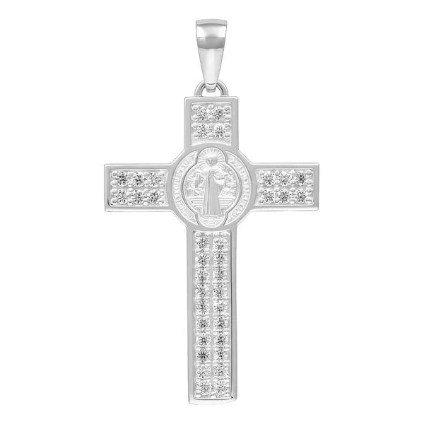 Dije Cruz San Benito Plata 925 con Zirconia Transparente - Imagen 1