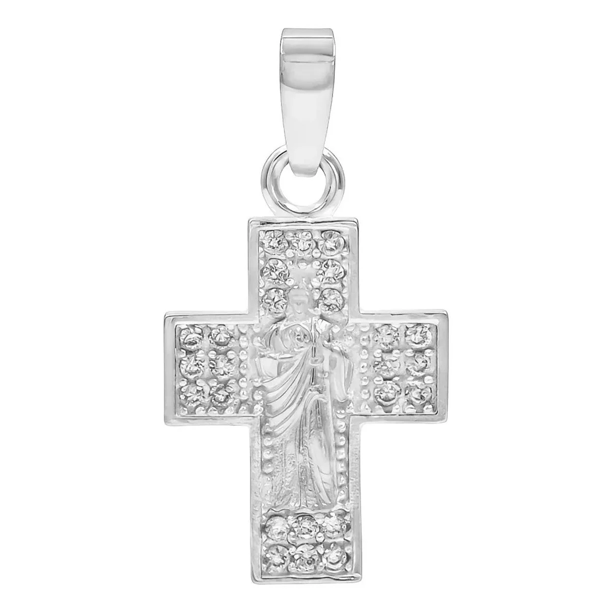 Dije Cruz San Judas Tadeo Plata .925 con Zirconia brillante, colgante San Judas Tadeo plata ley 925, joyería artesanal mexica