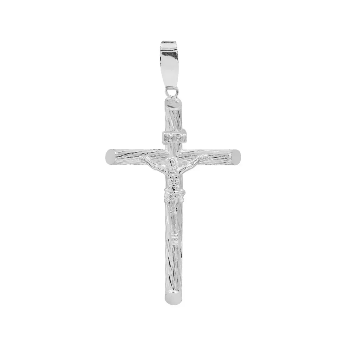 Dije Cruz Tubular Cristo Diamantado Plata .925, joyería de plata mexicana artesanal, diseño tubular moderno, símbolo de fe y