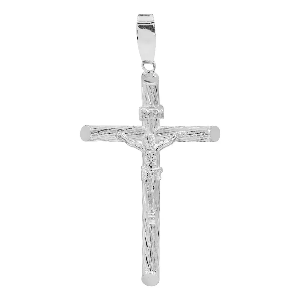 Dije Cruz Tubular Cristo Diamantado Plata .925, joyería religiosa plata moderna para hombre y mujer, diseño tubular.