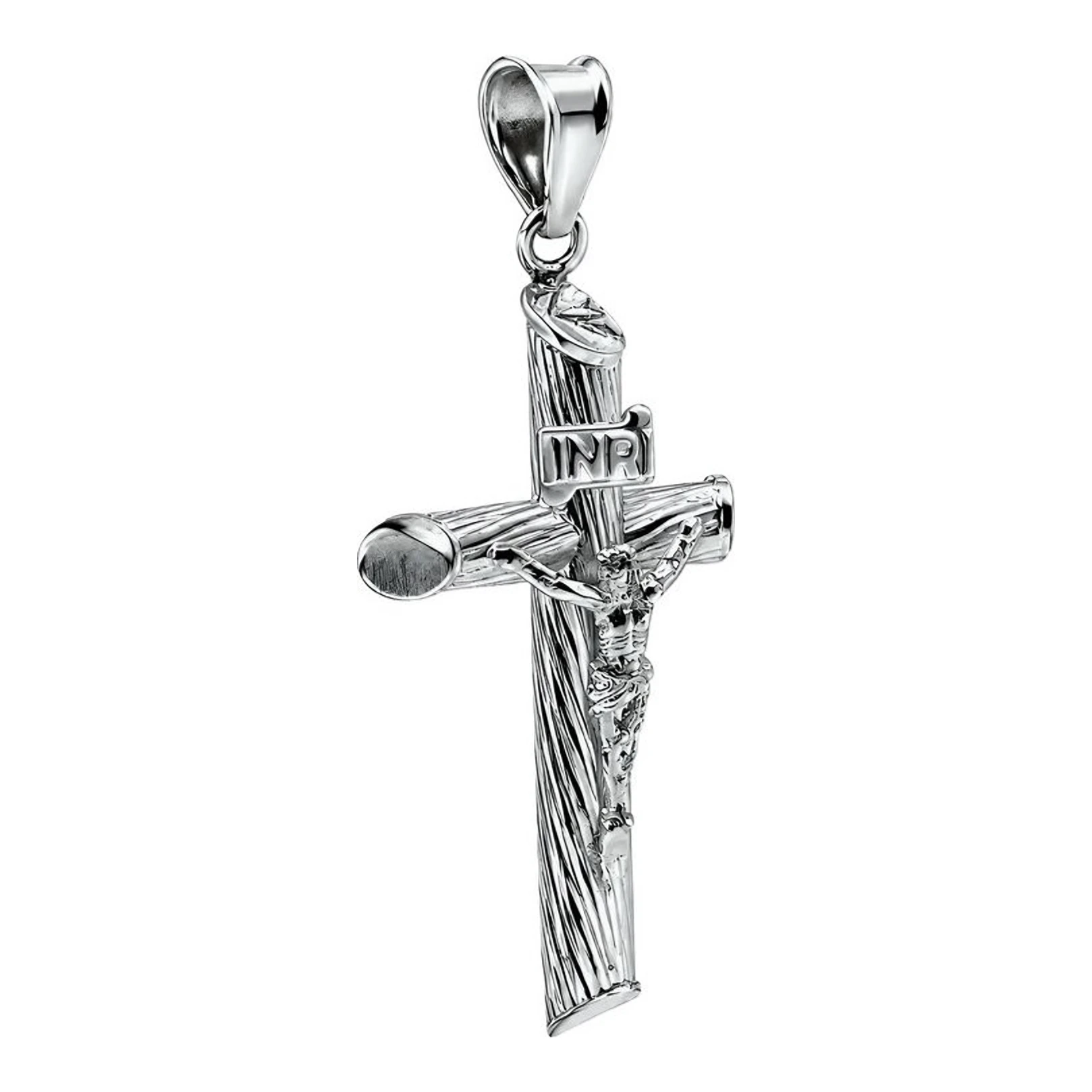 Dije de cruz tubular con Cristo en plata ley .925 textura corteza diamantada - Joyaris joyería fina mexicana