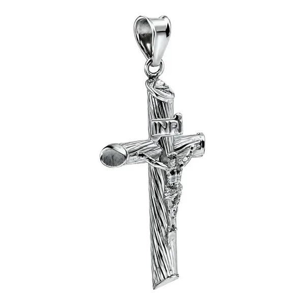 Dije de cruz tubular con Cristo en plata ley .925 textura corteza diamantada - Joyaris joyería fina mexicana
