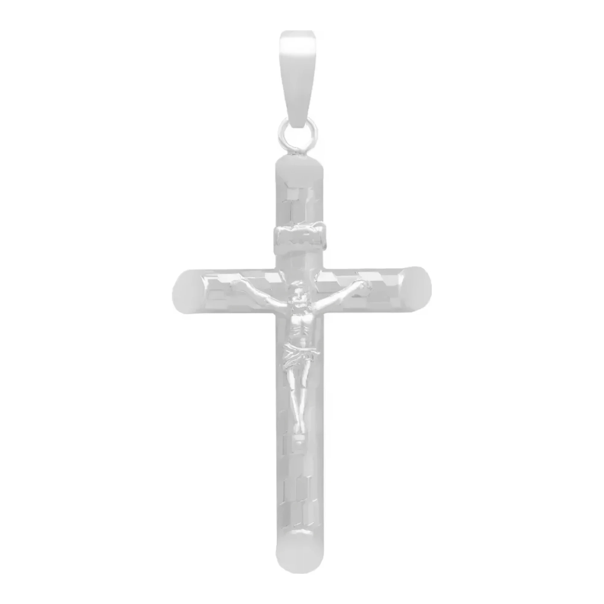Dije cruz tubular plata .925 nacional color plata brillante acabado diamantado ajedrez joyería religiosa mexicana unisex
