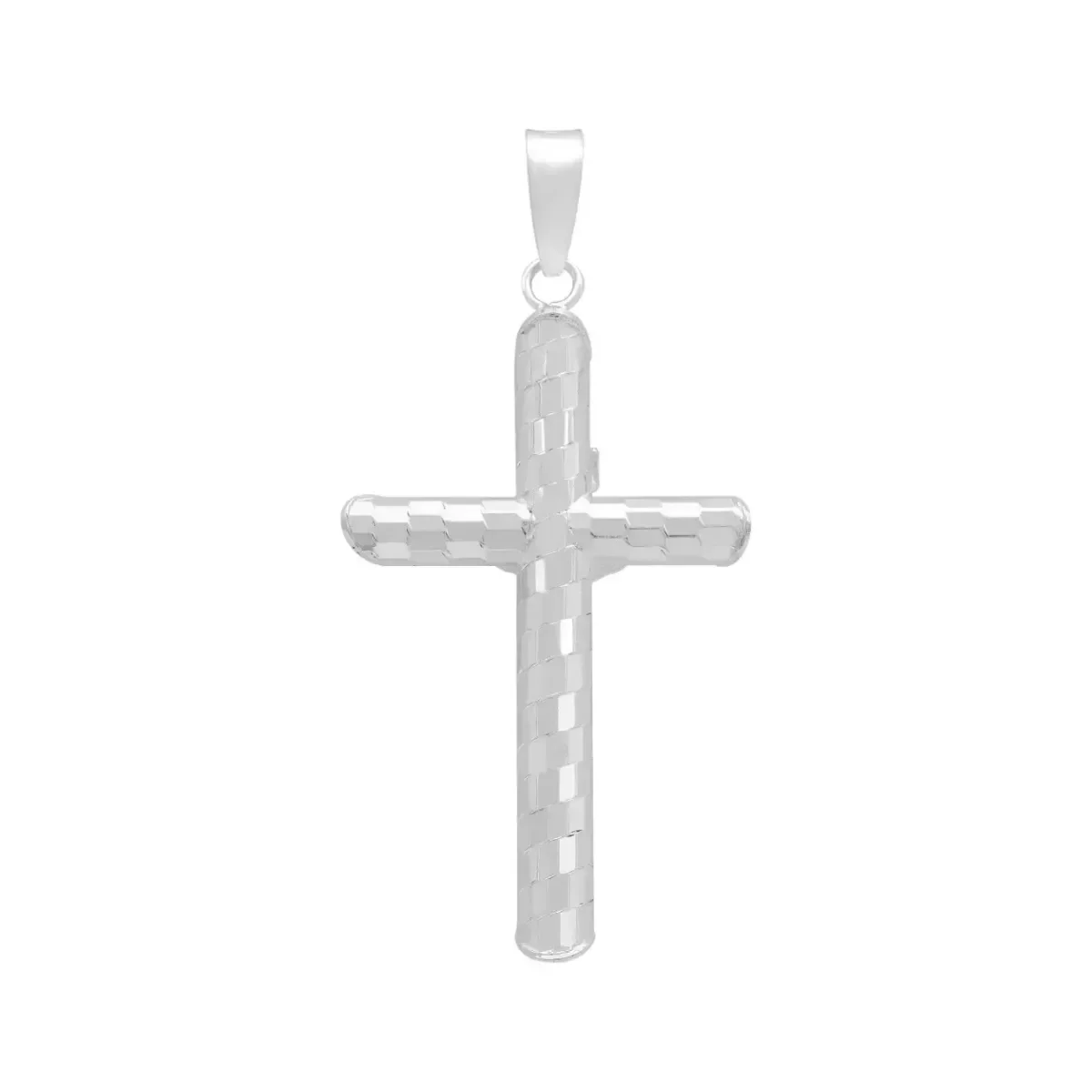 Dije Cruz Tubular Plata 925 Diseño Ajedrez Diamantado - Imagen 2