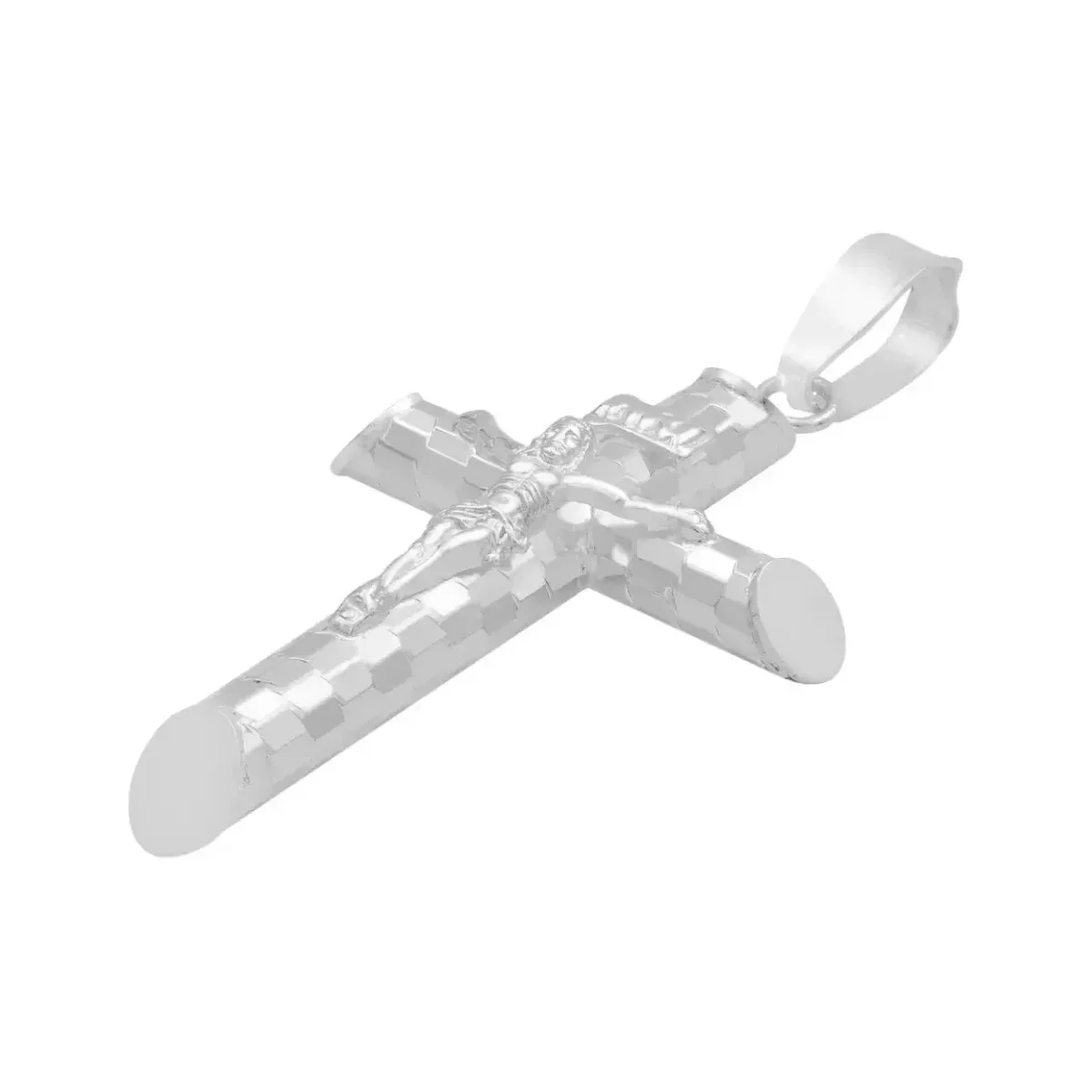 Dije Cruz Tubular Plata 925 Diseño Ajedrez Diamantado - Imagen 4
