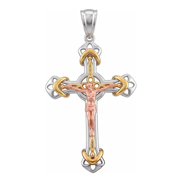 Dije de cruz calada con Cristo en tres tonos plata ley .925 con rodio - Joyaris joyería fina