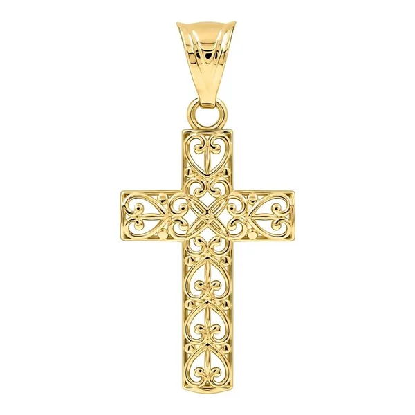 Dije de cruz de oro 10k con diseño de filigrana grabado de 28 x 14 mm - Joyaris joyería fina mexicana