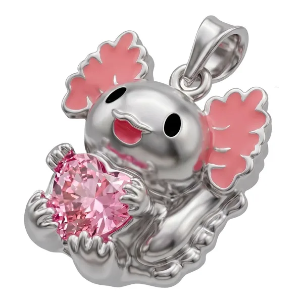 Dije de ajolote rosa en plata ley .925 con zirconia y acabado esmaltado Joyaris joyería mexicana
