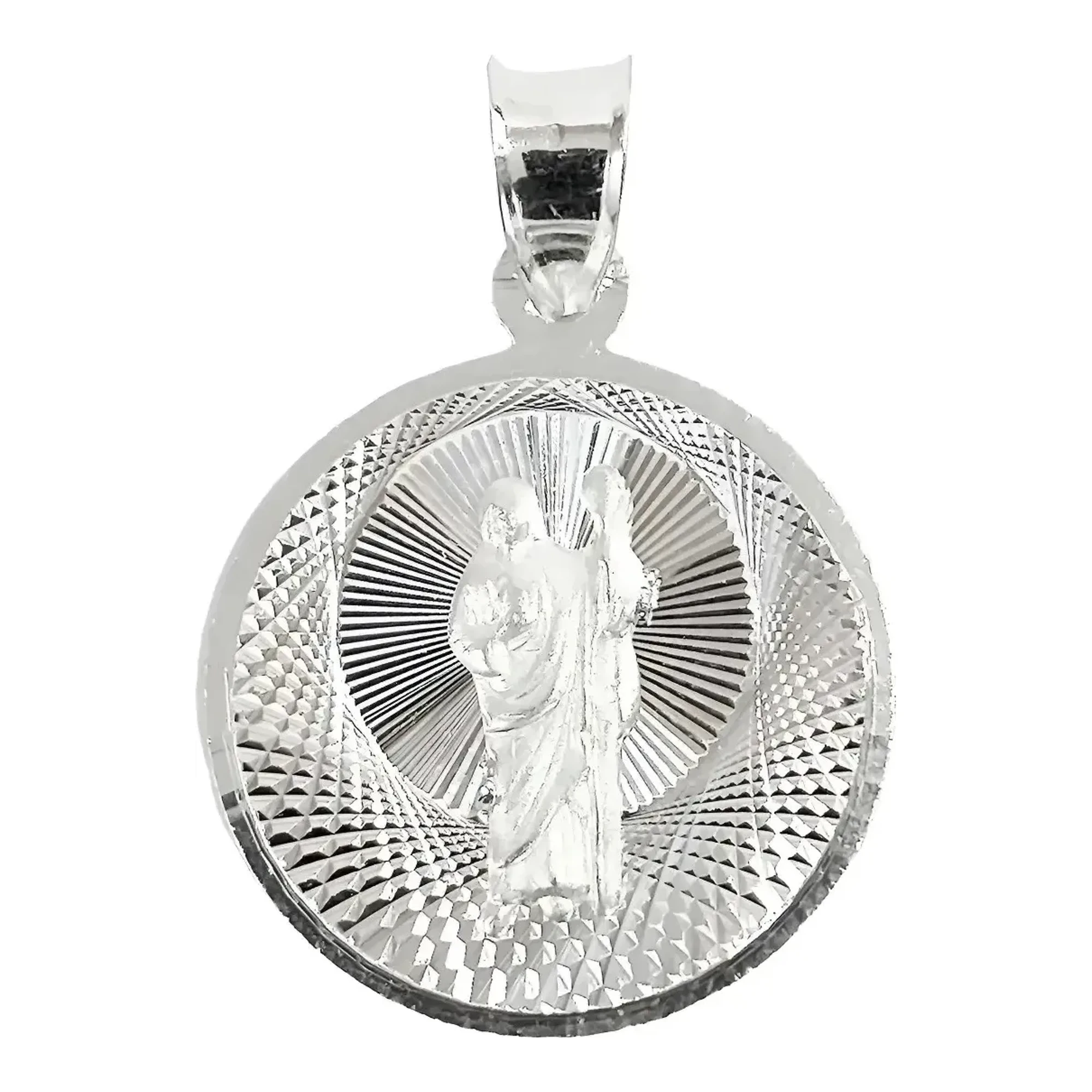 Dije medalla San Judas Tadeo diamantado en plata ley 925 nacional brillante con relieve religioso de 30x20 mm para cadena