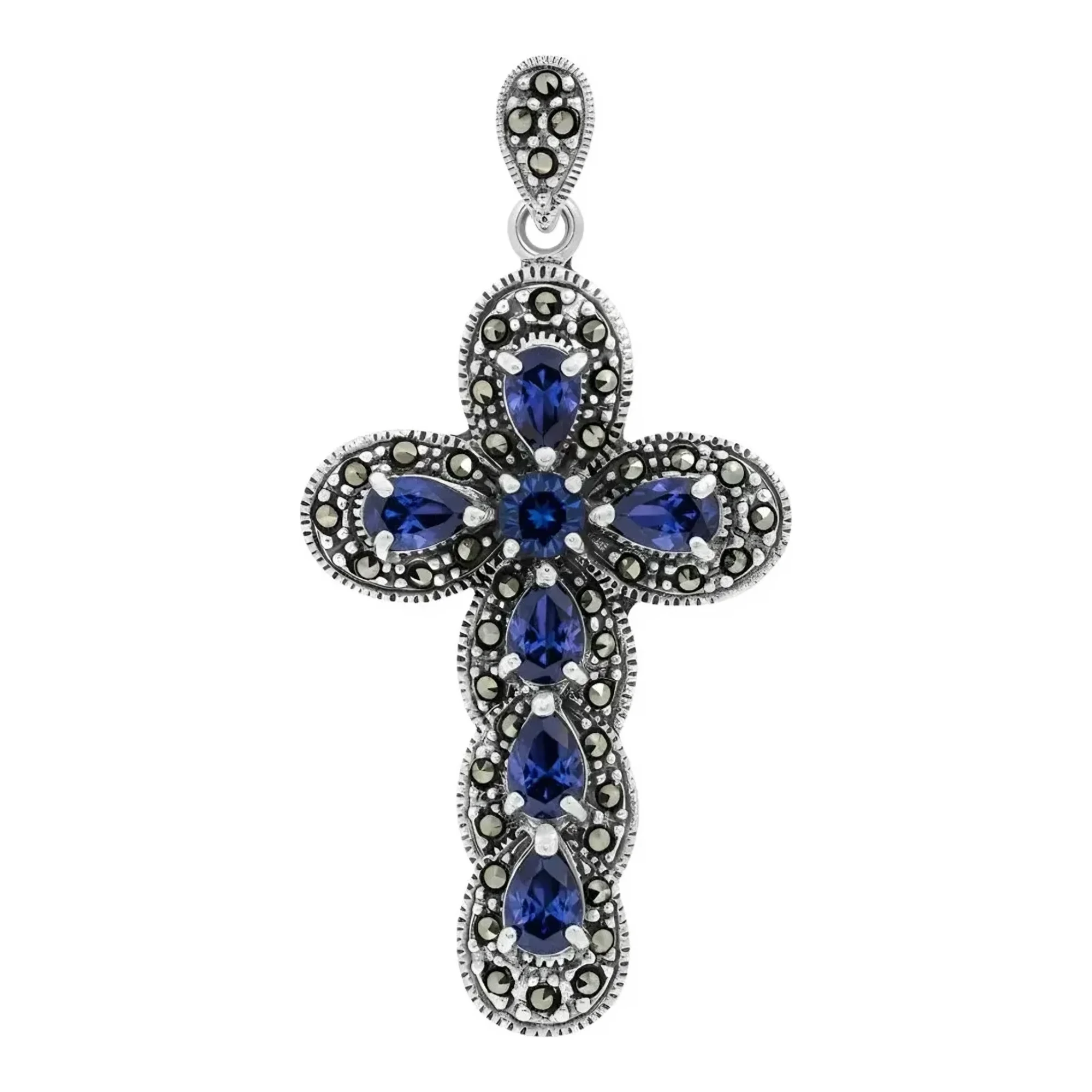 Dije cruz de plata ley 925 rodizada con zirconia azul brillante acabado liso broche perico para collar de hombre elegante