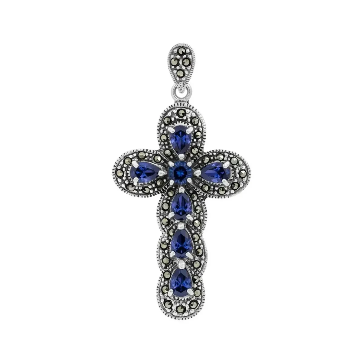 Dije cruz de Plata .925 rodizada, diseño religioso, con zirconia azul brillante. Colgante de protección y estilo para hombre.