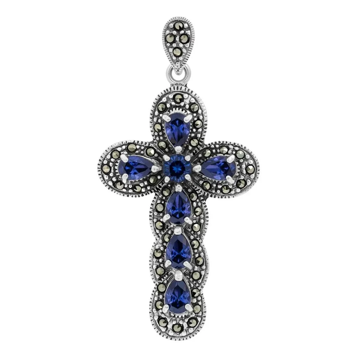Dije cruz de Plata .925 rodizada, diseño religioso, con zirconia azul brillante. Colgante de fe y protección, joyería artesan