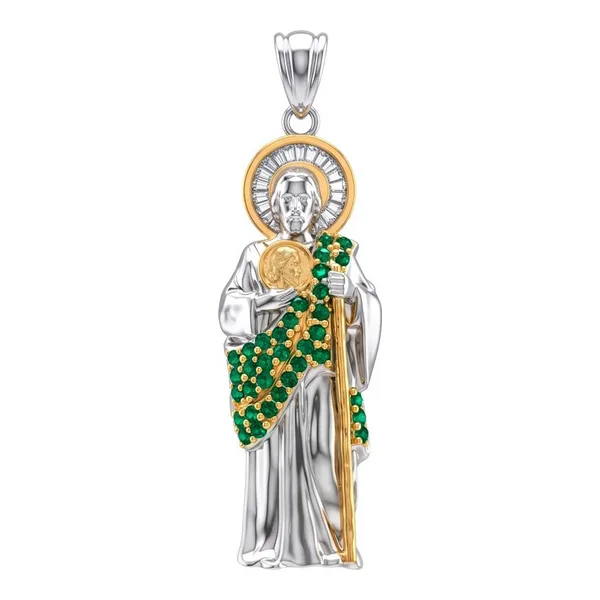 Dije de San Judas Tadeo 3D en plata .925 con zirconias verdes - Joyaris joyería fina