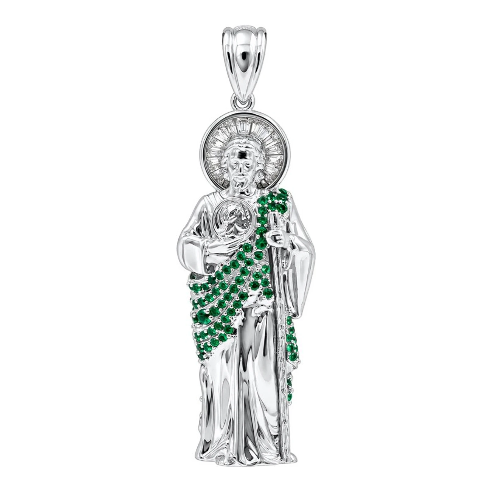 Dije de San Judas Tadeo 3D de plata italiana .925 con zirconia verde de 49 mm - Joyaris joyería fina