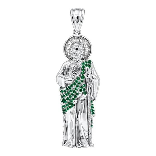 Dije de San Judas Tadeo 3D de Plata .925 con Zirconia Verde 49 mm