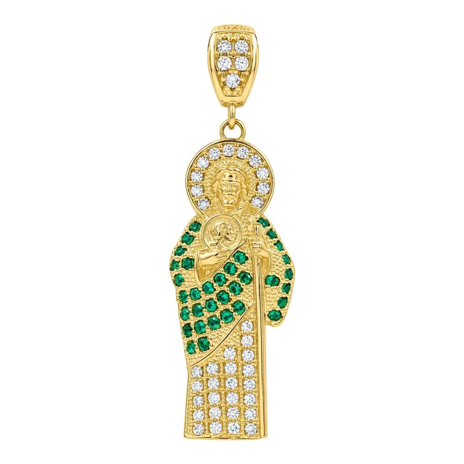 Dije de San Judas Tadeo de oro 10k con zirconia verde y blanca de 39 mm - Joyaris joyería mexicana
