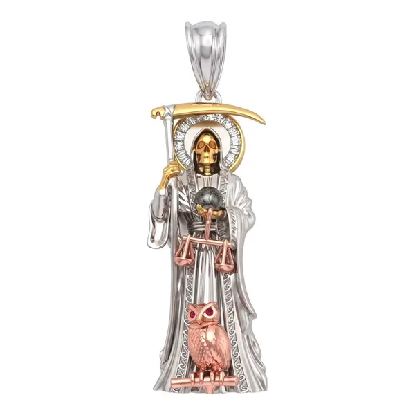 Dije Santa Muerte 3D en plata ley .925 tricolor con zirconias de 53 mm - Joyaris