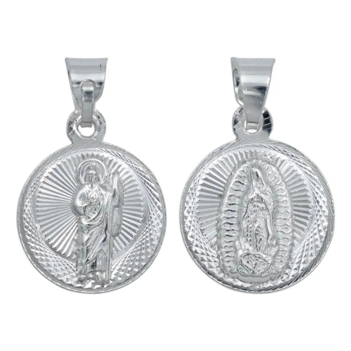 Dije colgante doble vista San Judas Tadeo y Virgen Guadalupe en Plata .925 diamantada, medalla religiosa brillante, diseño ún