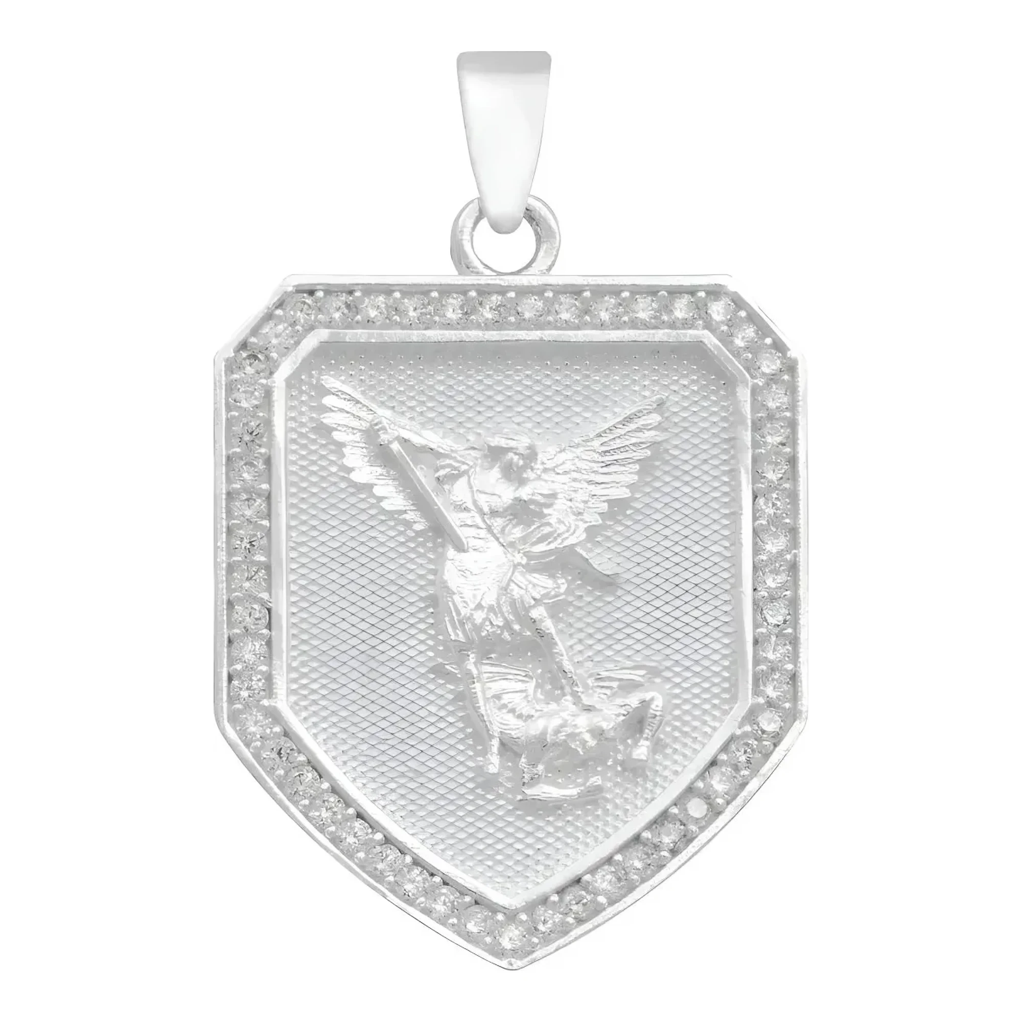 Dije de plata .925 escudo San Miguel Arcángel con zirconia transparente brillante y acabado liso para cadena de hombre o