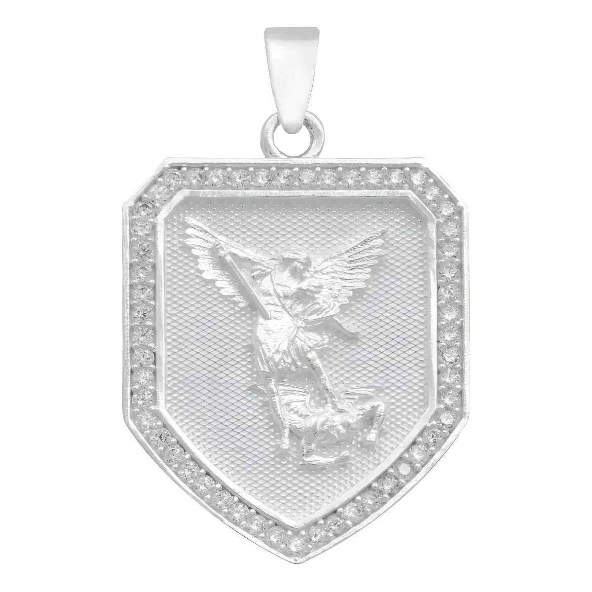 Dije Escudo San Miguel Arcángel Plata .925 con Zirconia transparente, joyería de autor mexicana, símbolo de fe y protección,