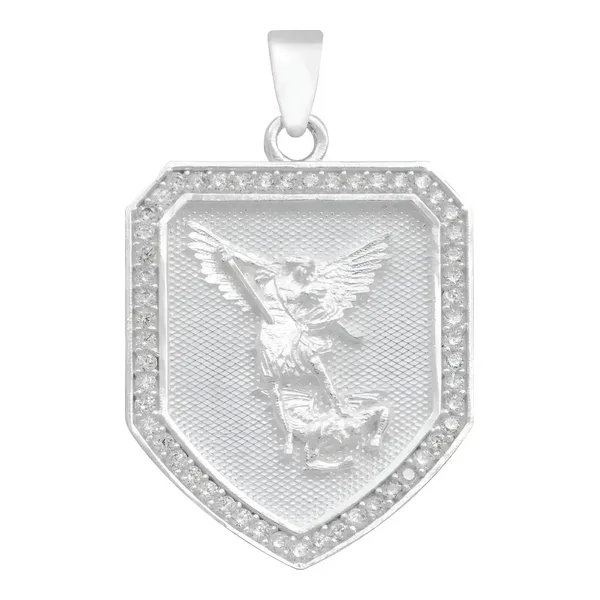 Dije Escudo San Miguel Arcángel Plata 925 Zirconia Transparente - Imagen 1