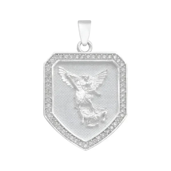Dije Escudo San Miguel Arcángel Plata 925 Zirconia Transparente - Imagen 1