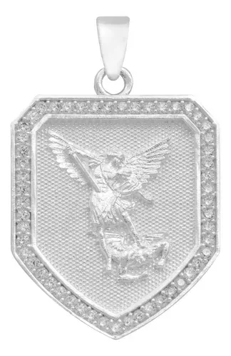 Dije Escudo San Miguel Arcángel Plata 925 Zirconia Transparente - Imagen 1