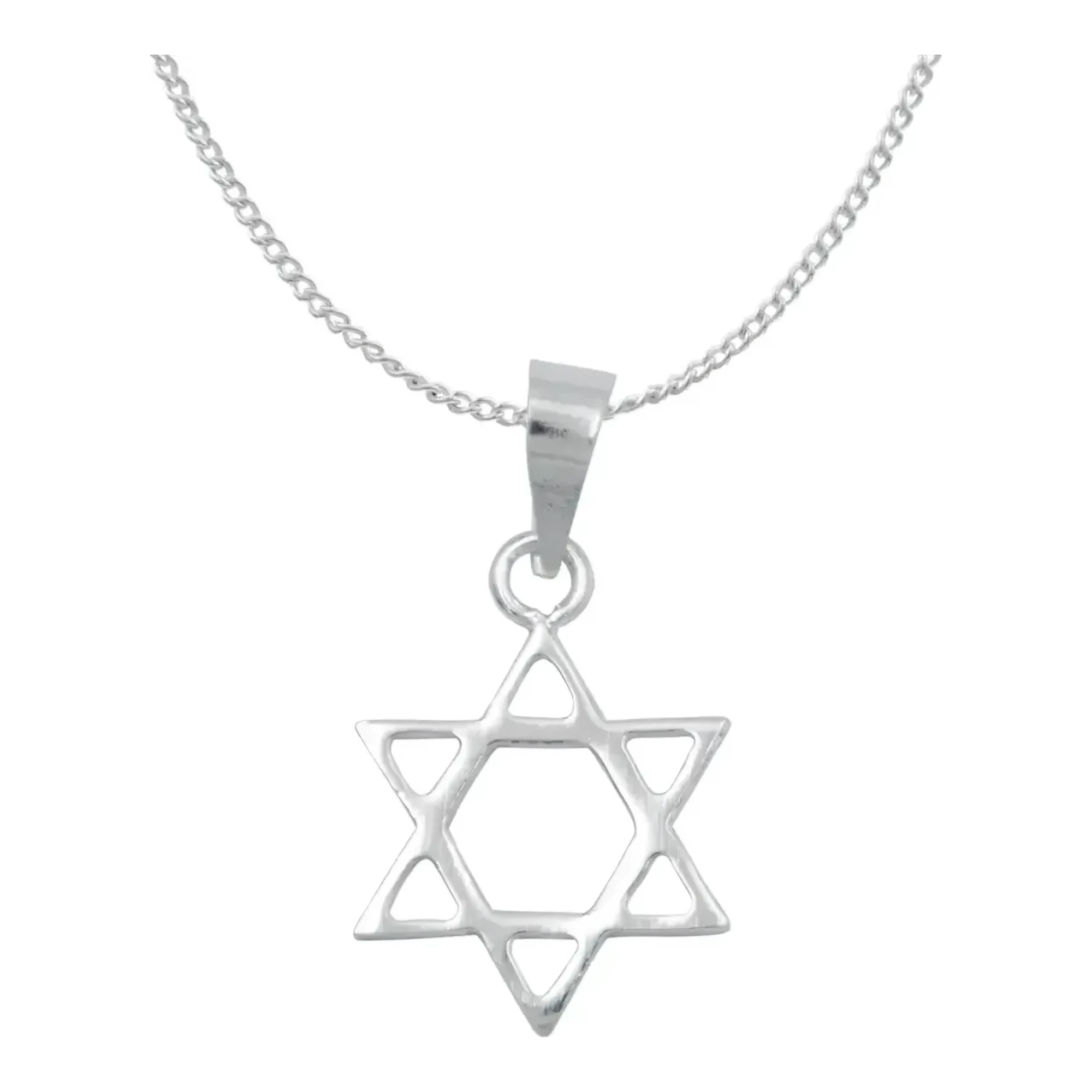 Dije estrella de David plata .925 liso con cadena barbada de 50 cm y broche bandola, amuleto magen David plateado para hombre