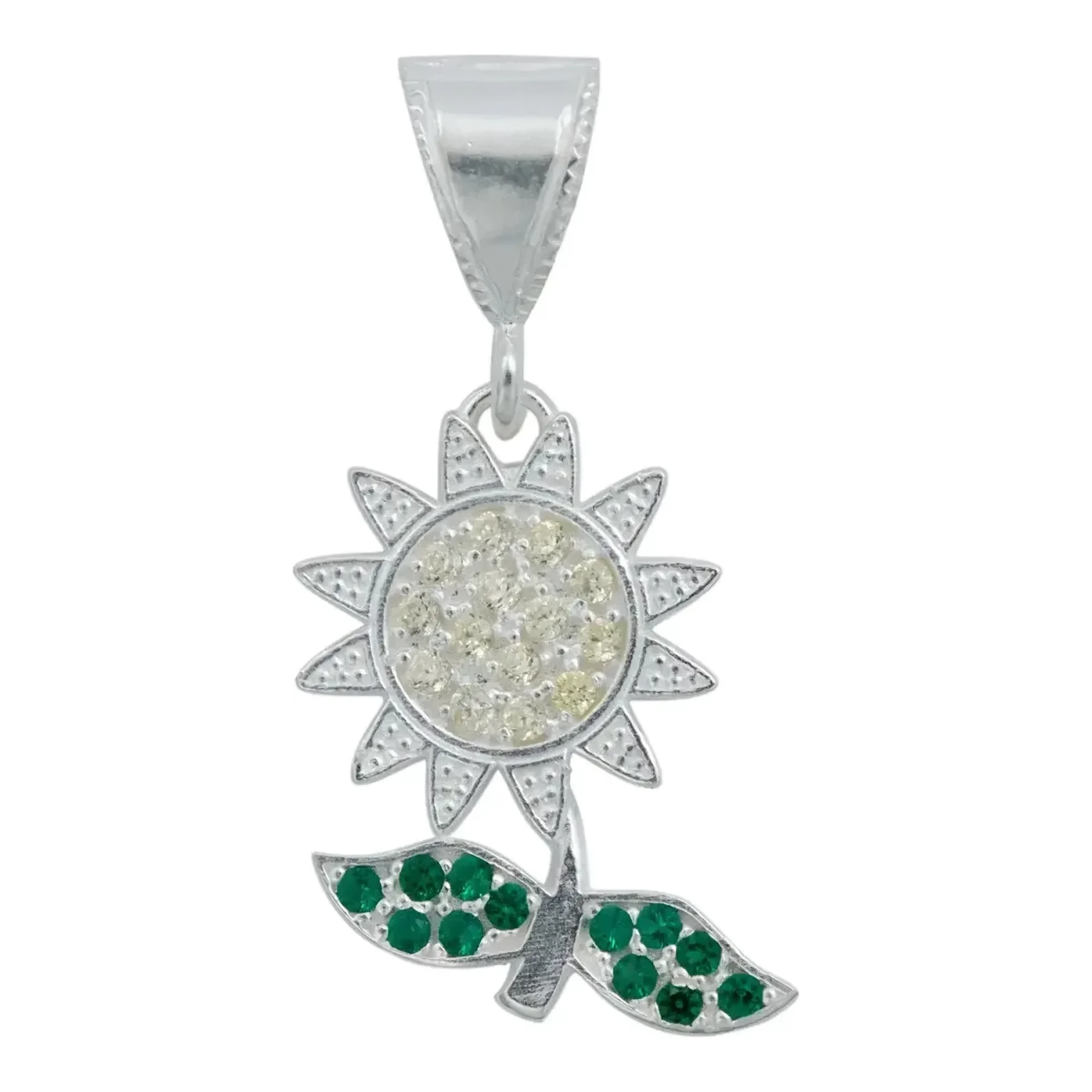 Dije flor plata 925 con zirconia amarilla corte fino, colgante floral de plata .925 nacional acabado liso para collar mujer